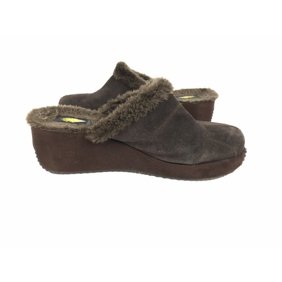 Volatile Brown Suede Fur Lined Slip On Wedge Clogs Mules Size 9 - Picture 2 of 10